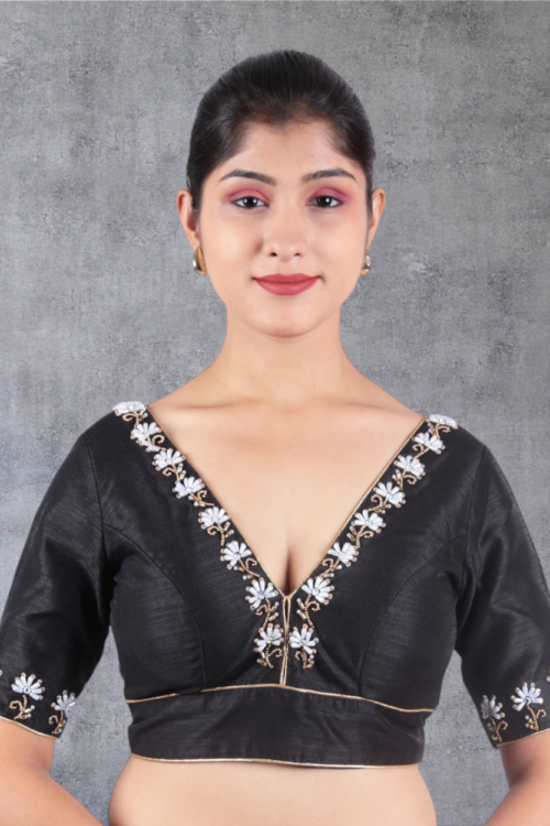 Black Hand Embroidery V Neck Blouse
