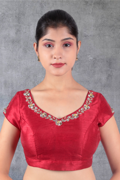 Maroon Embroidery Sweetheart Neck Blouse