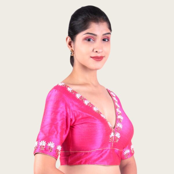 Pink Hand Embroidery V Neck Blouse - Image 2