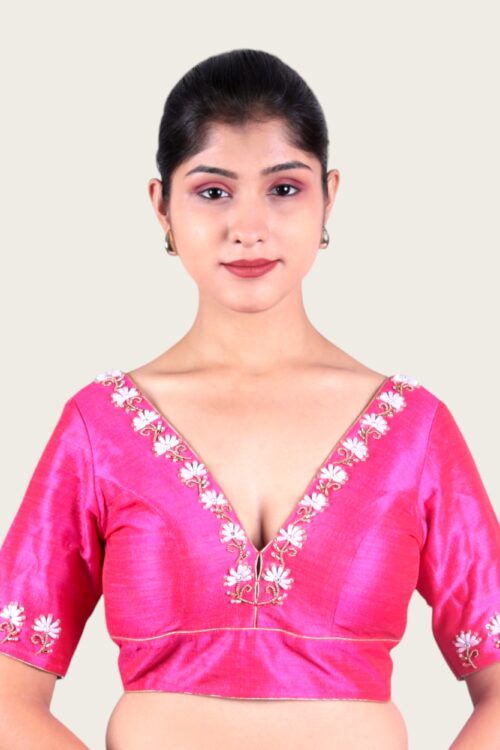 Pink Hand Embroidery V Neck Blouse