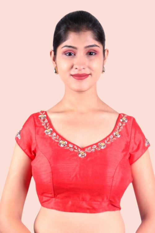 Red Embroidery Sweetheart Neck Blouse
