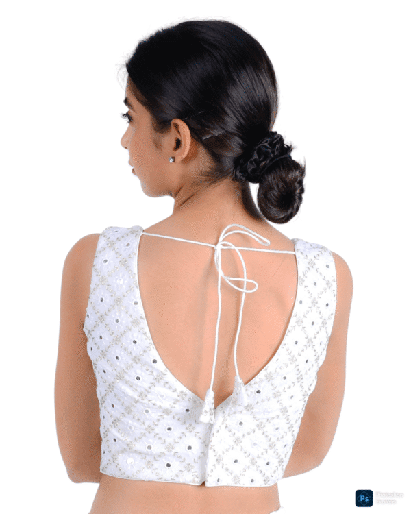 White Mirror Work Sleeveless Embroidery Blouse - Image 3