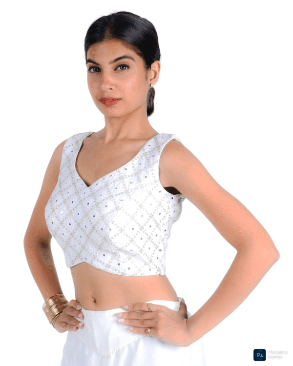 White Mirror Work Sleeveless Embroidery Blouse - Image 2