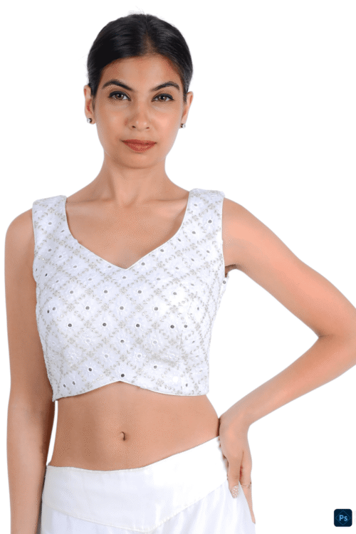 White Mirror Work Sleeveless Embroidery Blouse