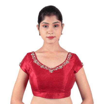 Silk Maroon Sweetheart Neck Embroidered Blouse
