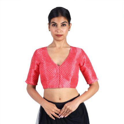 Tussar Silk Red Striped V-Neck Saree Blouse for women