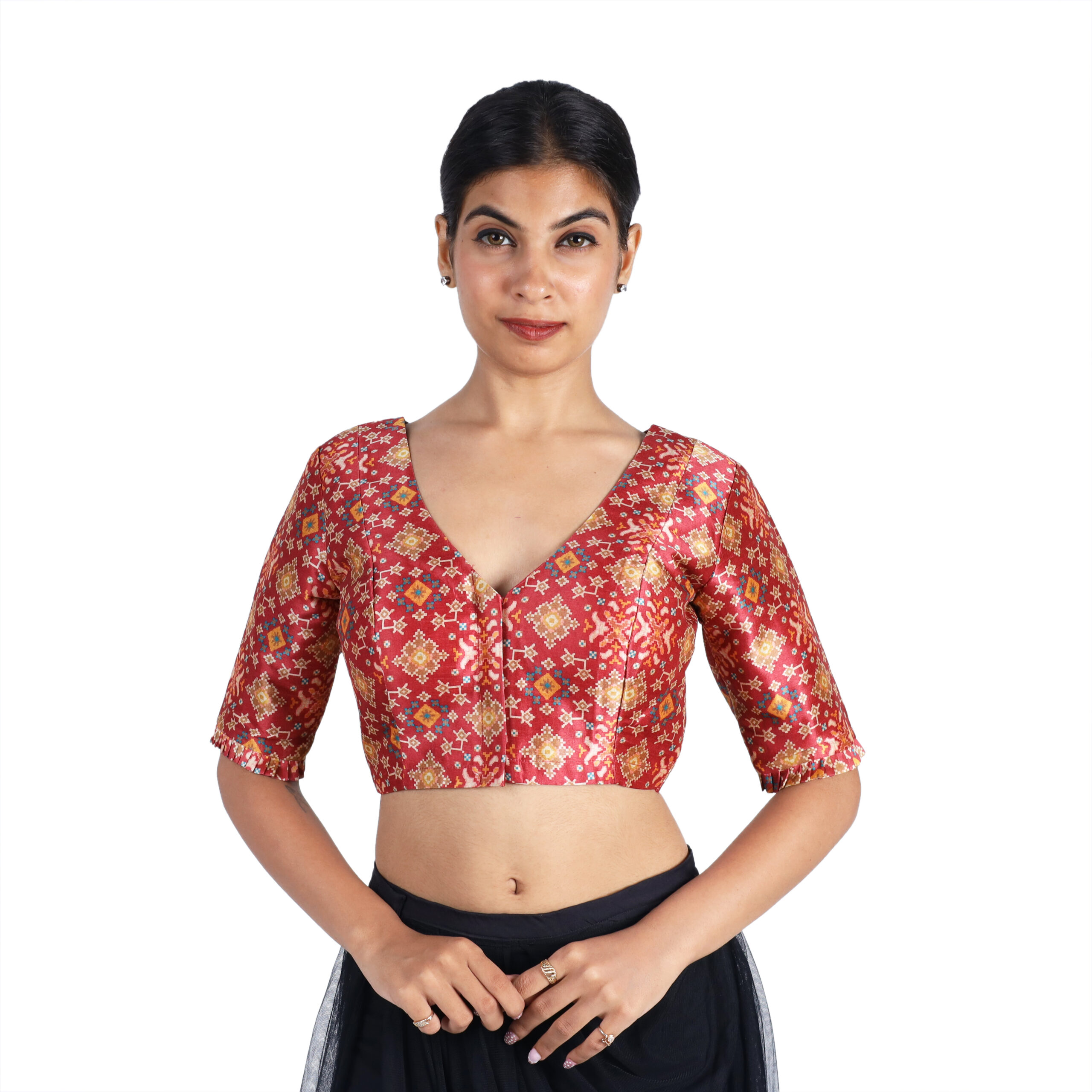 166-scaled-1.jpg Silk Maroon Ikat Woven V-Neck Saree Blouse - Image 1
