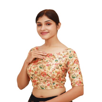 Trendy Multi Print Boat Neck Blouse | Short Sleeve Saree Blouse