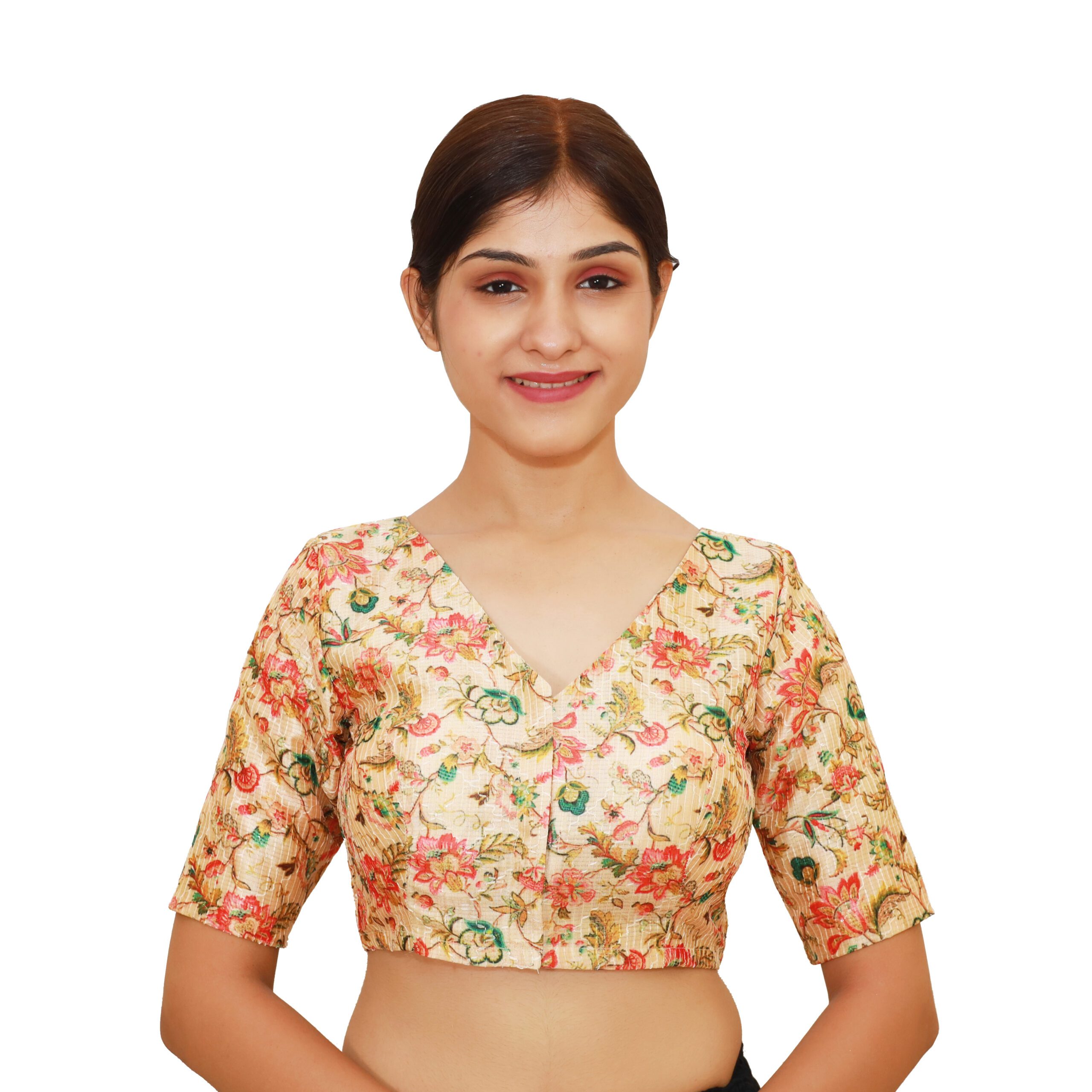 28-2-scaled-1.jpg Modern Multi Print V Neck Blouse | Embroidered Saree Blouse - Image 1