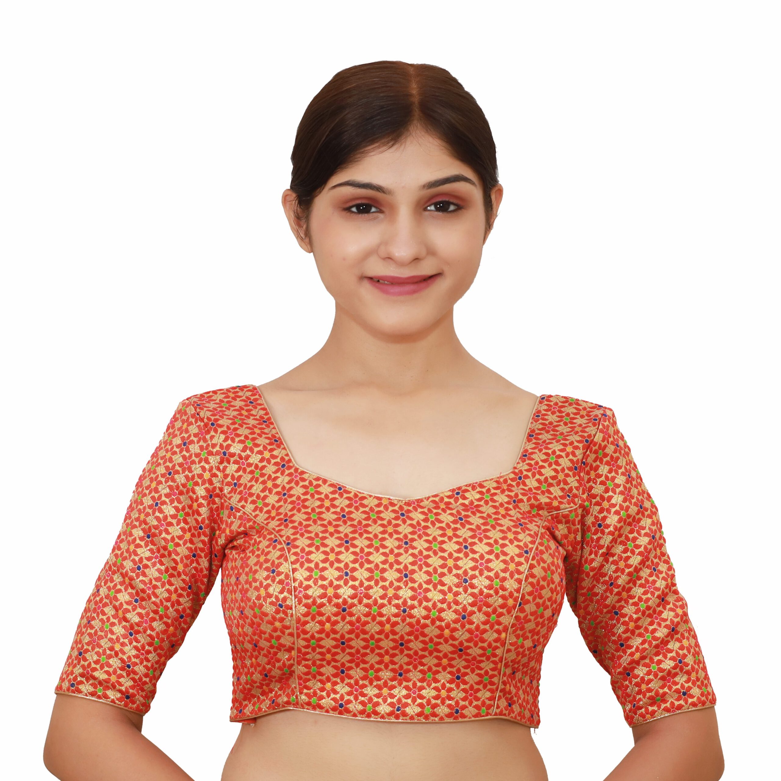 7-2-scaled-1.jpg Stunning Red Sweetheart Neck Blouse | Brocade Short Sleeve Saree Blouse - Image 1