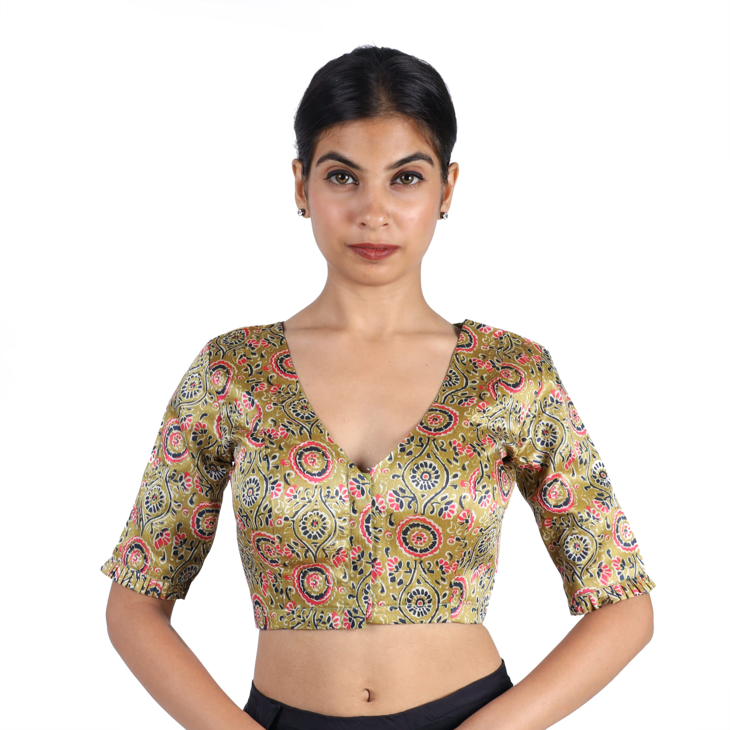 99-scaled-1.jpg Silk Olive Green Floral V-Neck Blouse - Image 1