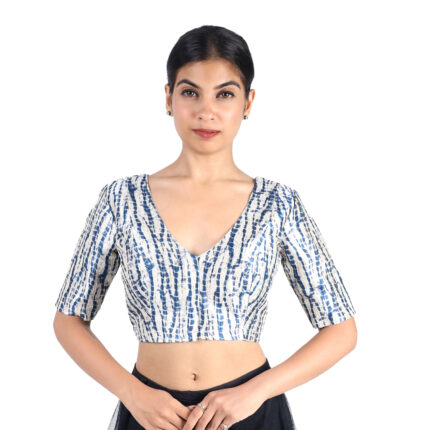 Silk Black Tie-Dye Printed V-Neck Premium Saree Blouse for Women