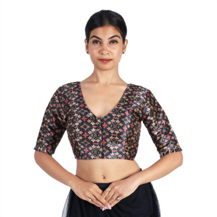 Tussar Silk Black V-Neck Printed Saree Blouse for Women