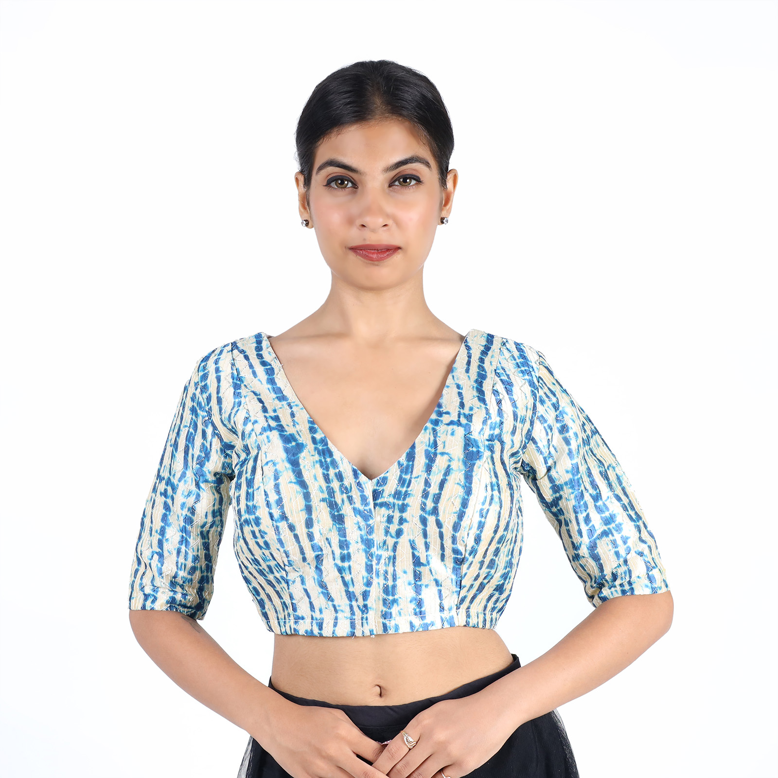 Blue-V-Neck-Blouse-1.jpg Art Silk Blue Tie-Dye V-Neck Saree Blouse for Women - Image 1
