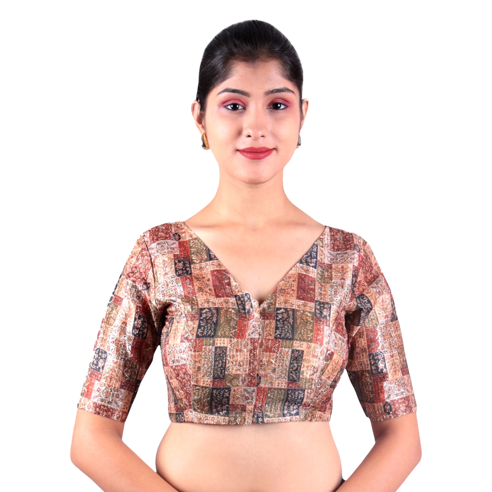 Brown-V-Neck-Blouse-1.jpg Vibrant Brown Multi-Print V-Neck Blouse | Embroidered Saree Blouse - Image 1