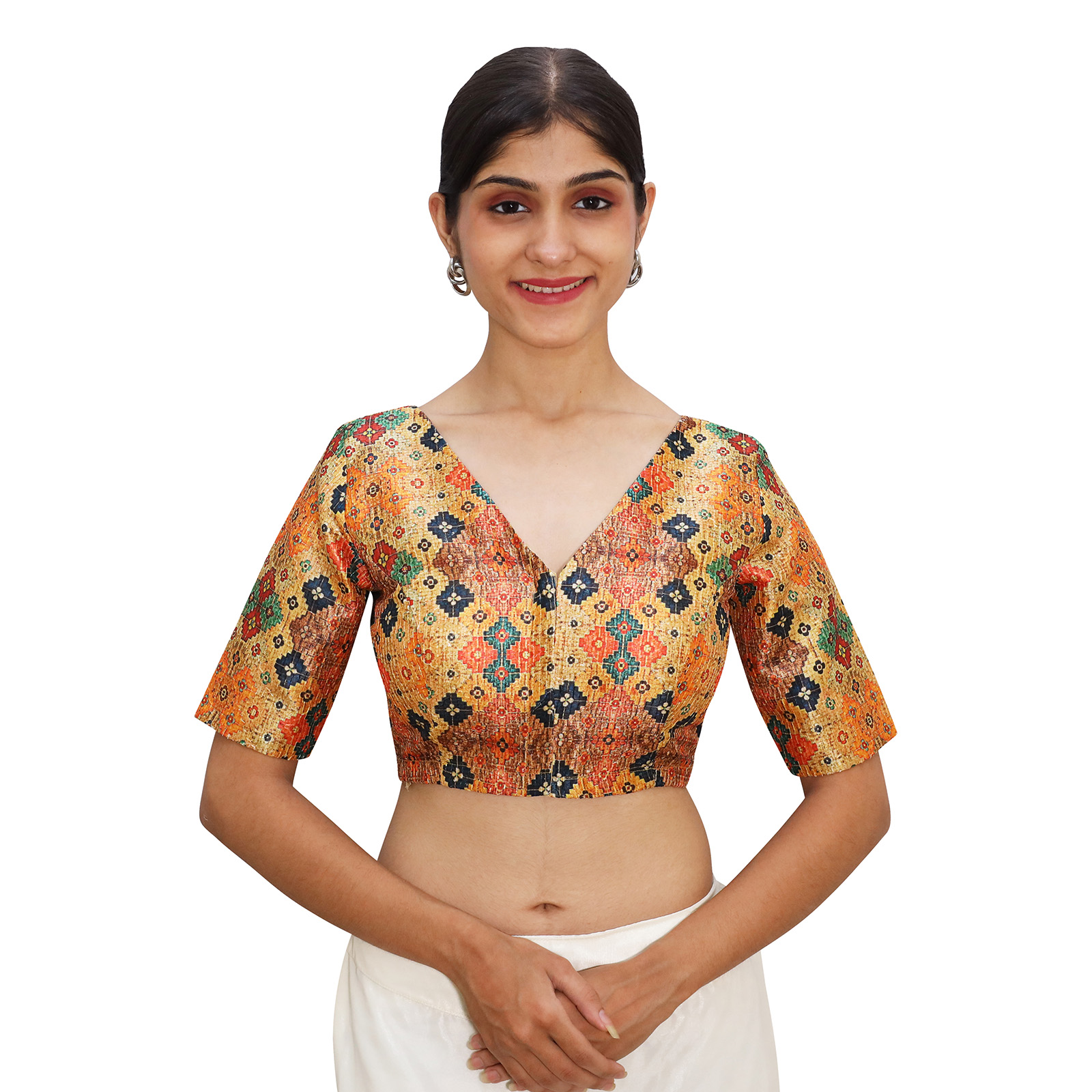 Multi-V-Neck-Blouse-1.jpg Vibrant Brown Multi Print V Neck Blouse | Embroidered Saree Blouse - Image 1