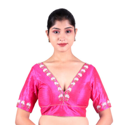 Silk Pink V-Neck Hand Embroidered Blouse