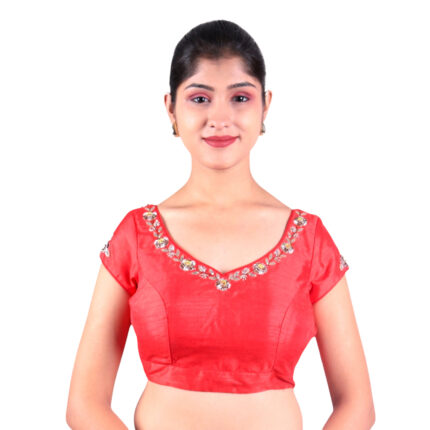 Silk Red Sweetheart Neck Embroidered Blouse