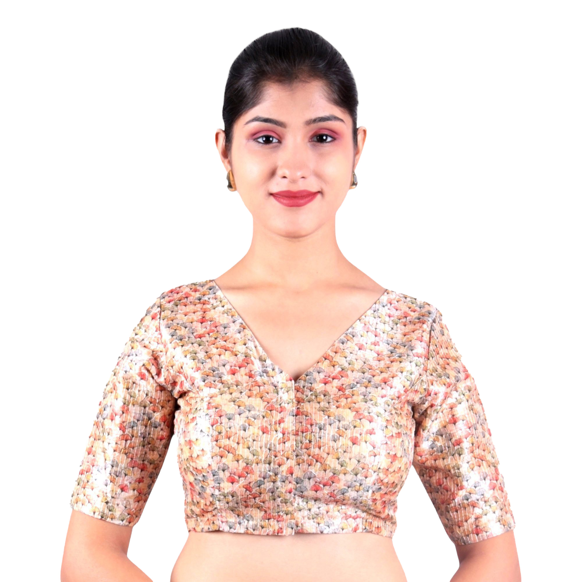 multi_1.jpg Chic Multi-Color Printed V-Neck Blouse | Embroidered Texture Saree Blouse For Women - Image 1